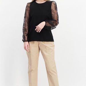 Anne Klein Crewneck sheer puff-sleeve top